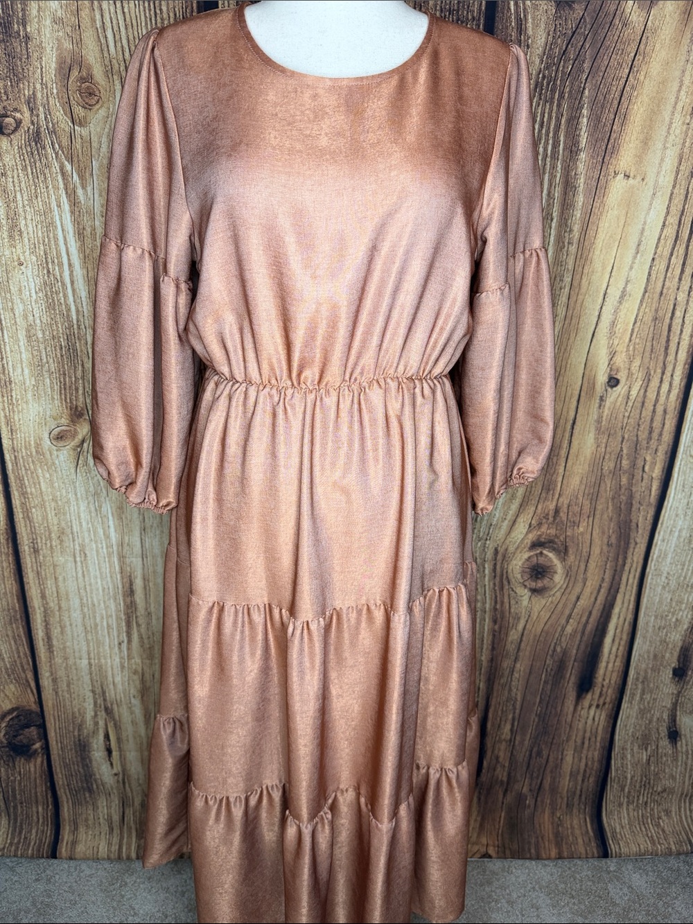 Metallic Copper Tiered Long-Sleeve Midi Dress